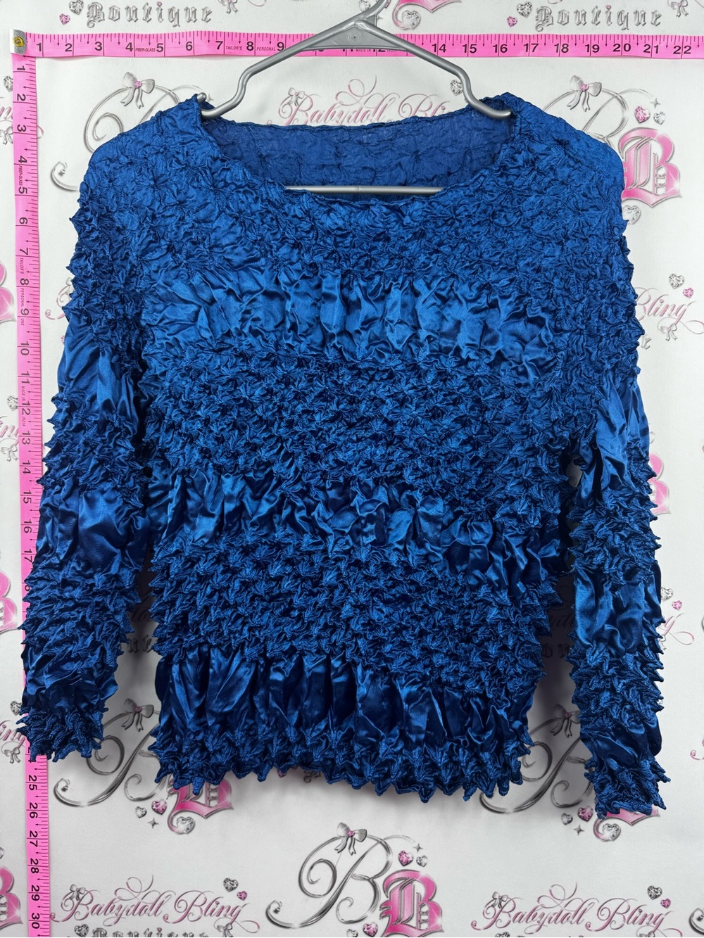 Bubble top y2k retro Blue Ruched Long-Sleeve shiny royal blue Top